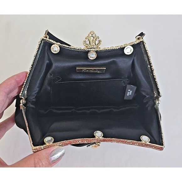 Kate Landry Black Satin With Rhinestone Trim Evening Bag Clutch Crown Queen - Picture 4 of 8